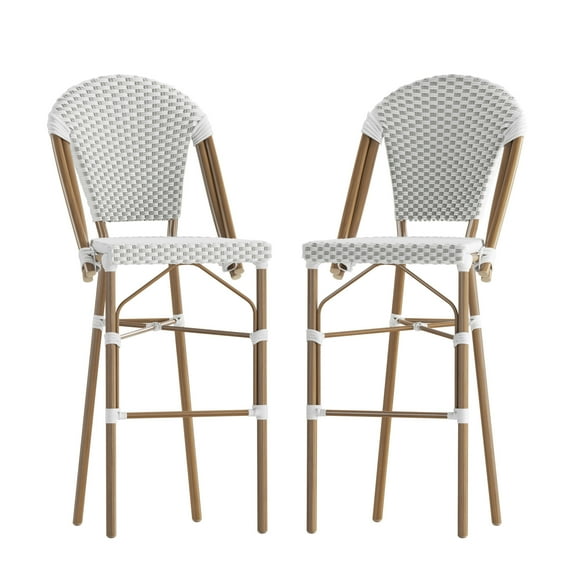 Flash Furniture Lourdes Set of 2 Stackable Indoor/Outdoor Bistro 30" High Barstools, Commercial Grade, White/Gray and Bamboo Finish