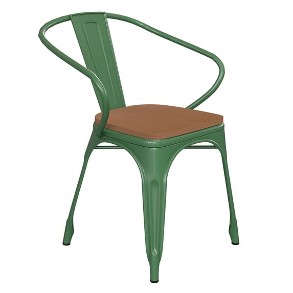 Flash Furniture Luna Commercial Grade Green Metal Indoor-Outdoor Chair with Arms with Teak Poly Resin Wood Seat