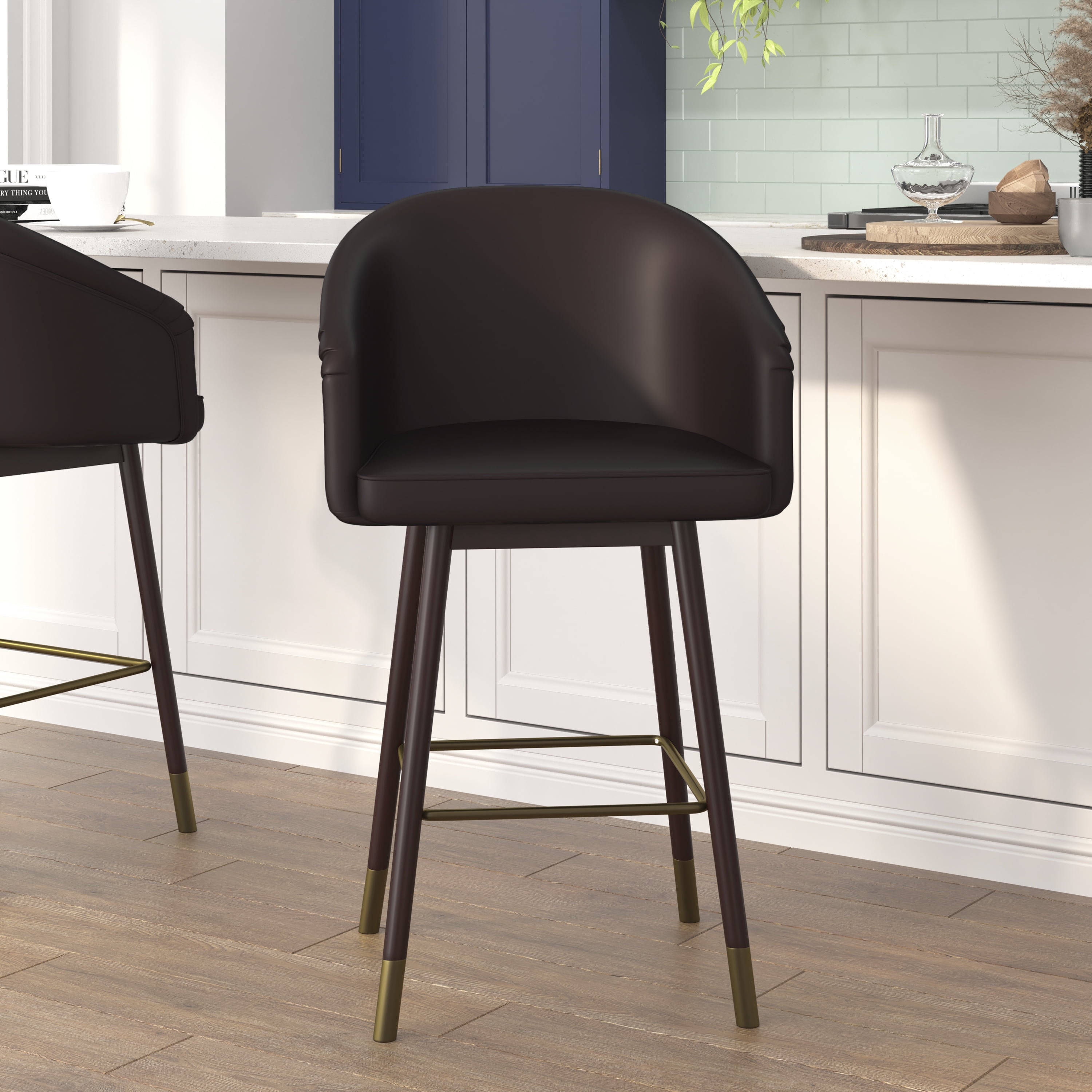 Walnut Finish Mid-Back Barstool with Brown LeatherSoft and Bronze Accents