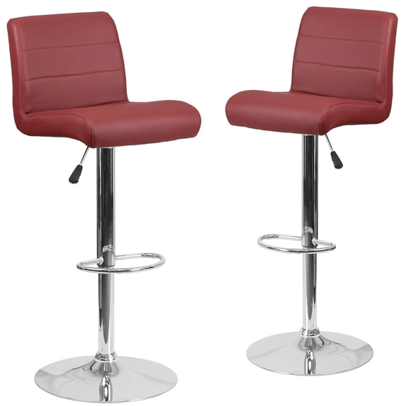 Flash Furniture Marietta 2 Pk. Contemporary Burgundy Vinyl Adjustable Height Barstool with Rolled Seat and Chrome Base