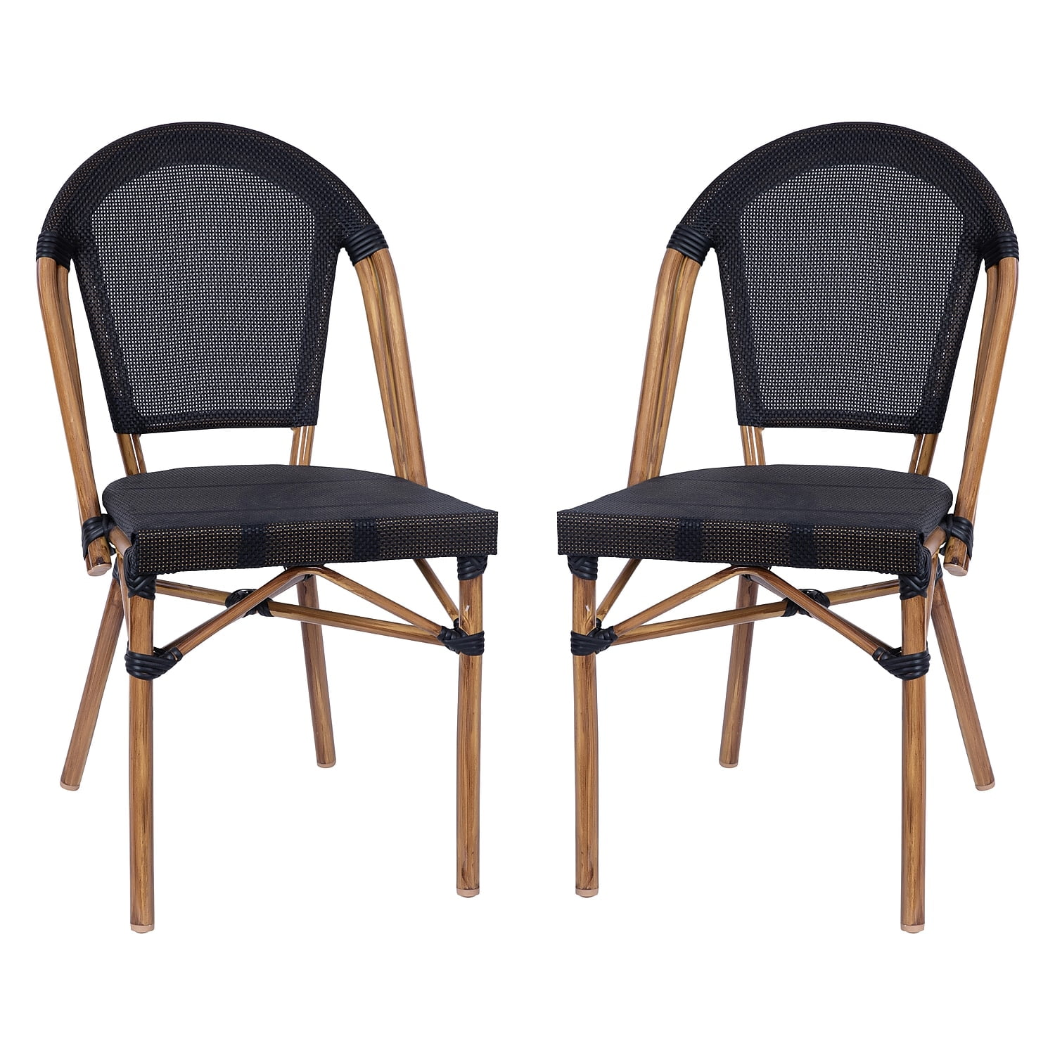 Black Textilene and Bamboo Print Aluminum Bistro Chairs, Set of 2