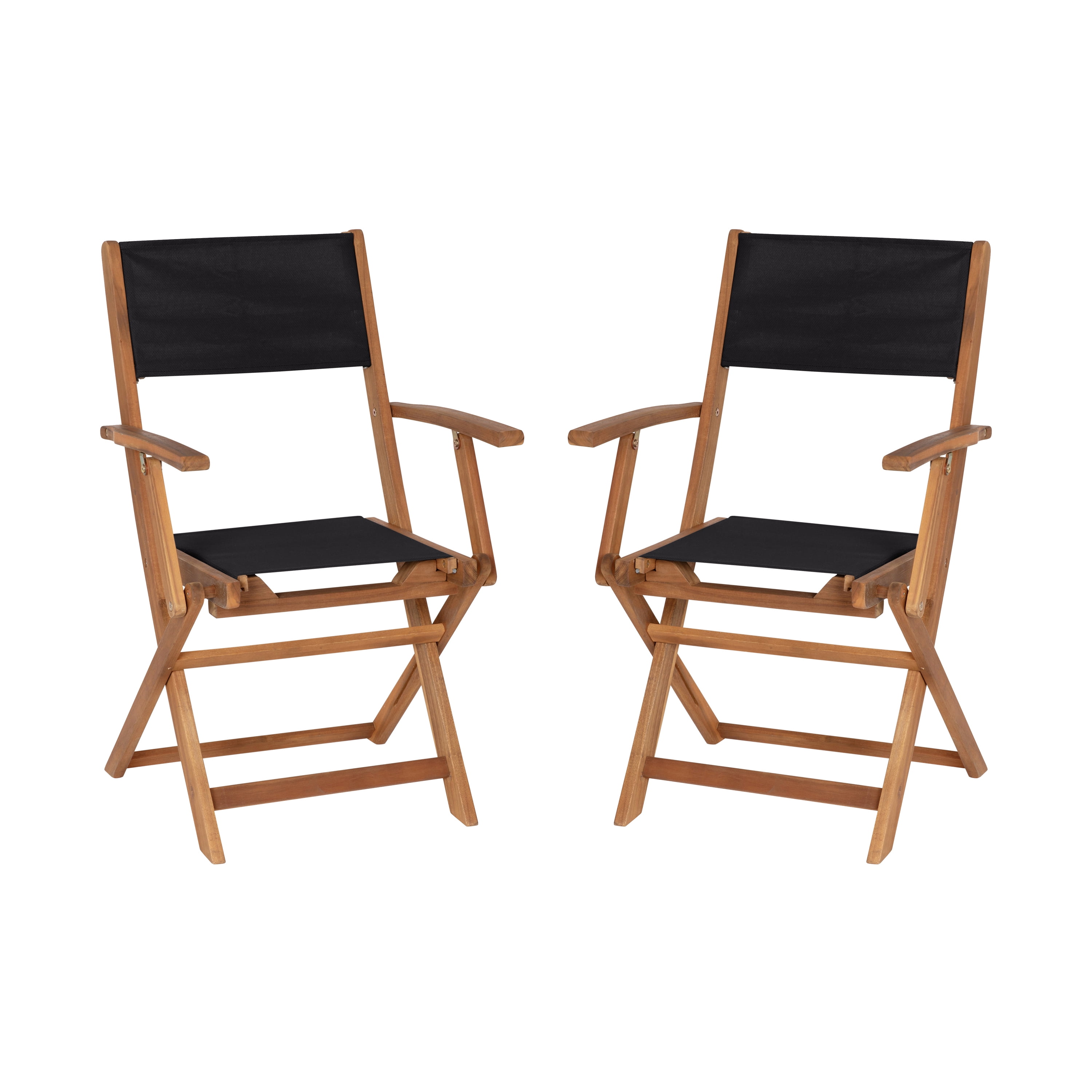 Acacia Wood and Black Mesh Folding Patio Bistro Chairs
