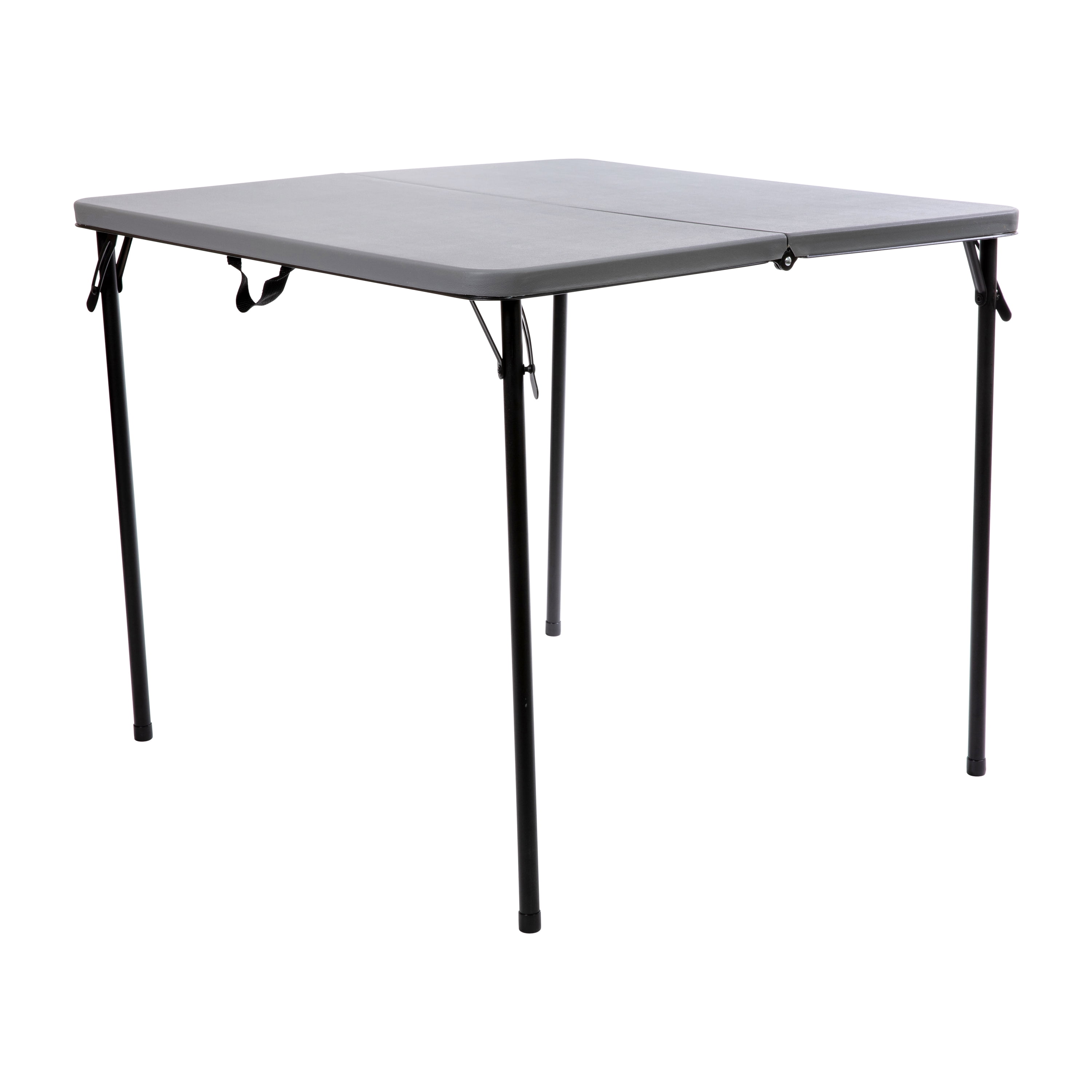 Compact 34" Square Bi-Fold Gray Plastic Folding Table with Handle