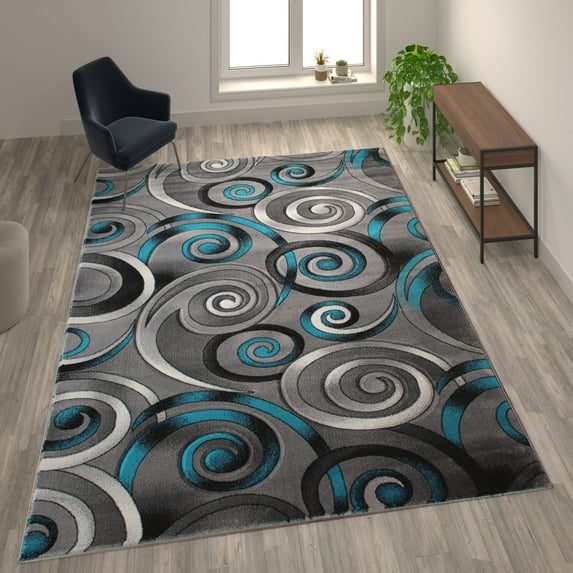 Flash Furniture Masie Rectangular Contemporary Black, Grey, Turquoise Area Rug, 8' x 10'