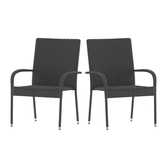 Flash Furniture Maxim Set of 2 Stackable Indoor/Outdoor Wicker Dining Chairs with Arms - Fade & Weather-Resistant Steel Frames - Gray