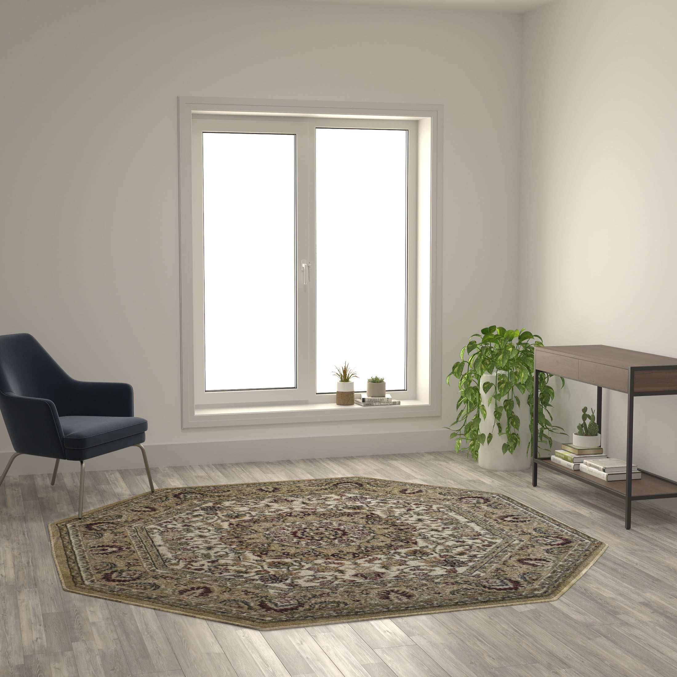 Ivory and Beige Octagonal Traditional Area Rug 7'