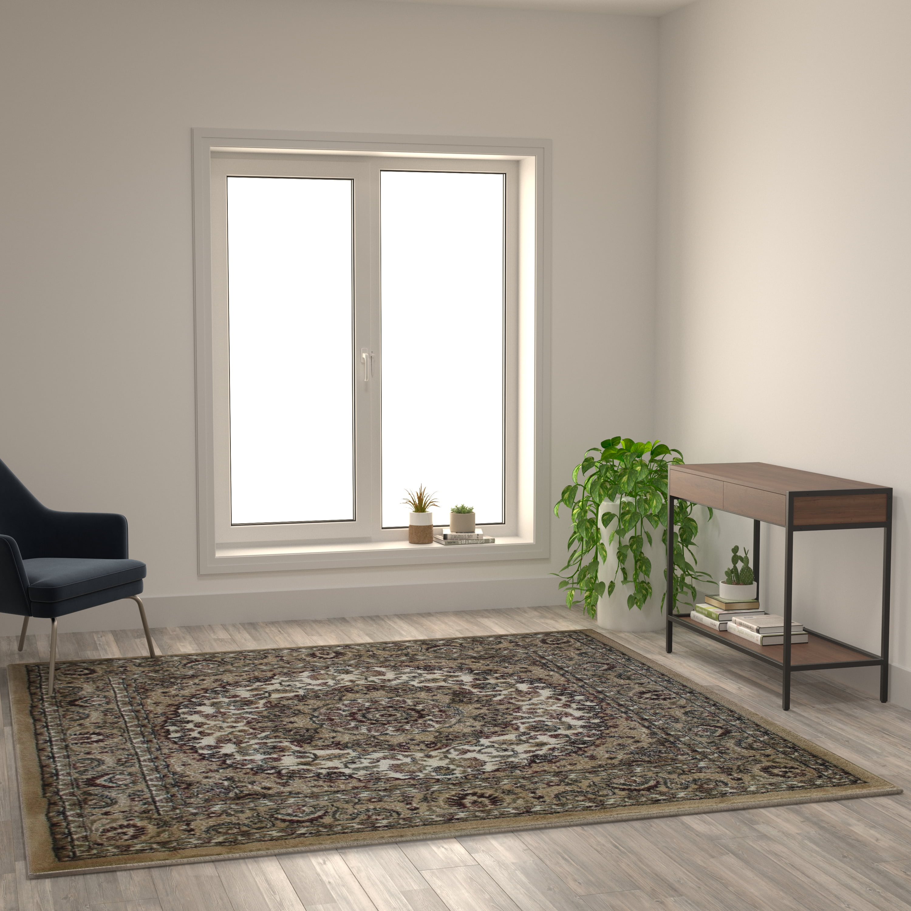 Flash Furniture Mersin Collection Square Traditional Black, Burgundy, Green, Beige, Ivory Area Rug, 7' x 7'