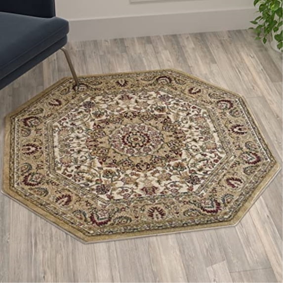 Flash Furniture Mersin Octagonal Traditional Black, Burgundy, Green, Beige, Ivory Area Rug, 4' x 4'