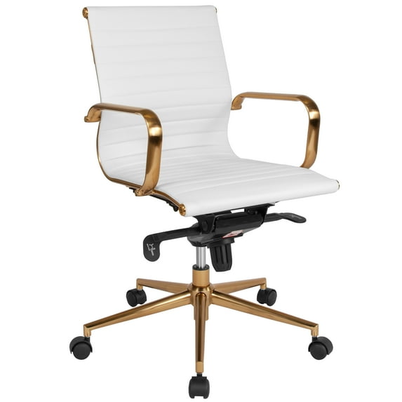 Flash Furniture Mid-Back White Ribbed LeatherSoft Executive Swivel Office Chair with Gold Frame, Knee-Tilt Control and Arms