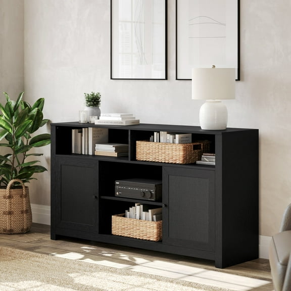 Flash Furniture Mid-Century Modern 58 Inch Buffet Sideboard with 2 Soft Close Doors and Adjustable Center Shelf, TV Stand for up to 65" TV's, Black/Rattan