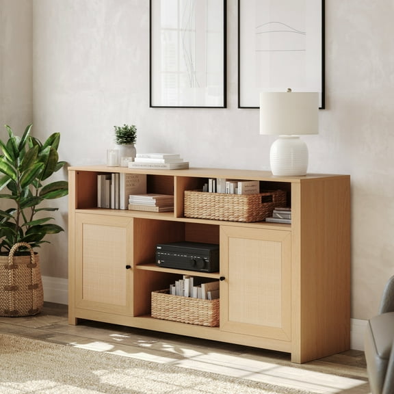 Flash Furniture Mid-Century Modern 58 Inch Buffet Sideboard with 2 Soft Close Doors and Adjustable Center Shelf, TV Stand for up to 65" TV's, Natural/Rattan