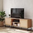 thumbnail image 1 of Flash Furniture Mid-Century Modern 65 Inch TV Stand with 2 Rattan Soft Close Doors and Fixed Center Shelf, TV Stand for up to 70" TV's in Natural, 1 of 11