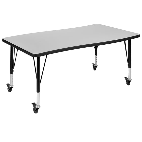Flash Furniture Mobile 28"W x 47.5"L Rectangular Wave Flexible Collaborative Grey Laminate Activity Table - Height Adjustable Short Legs