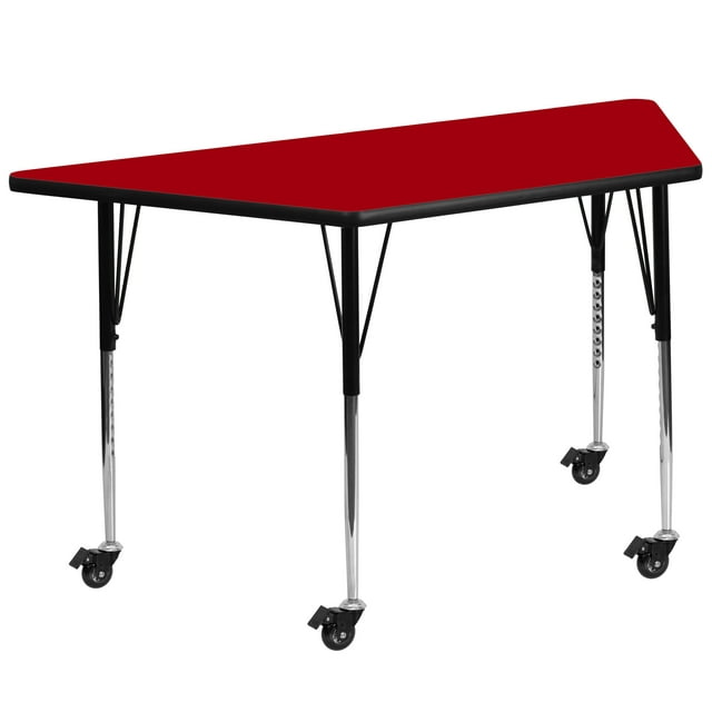 Flash Furniture Mobile 29''W x 57''L Trapezoid Red Thermal Laminate Activity Table - Standard Height Adjustable Legs