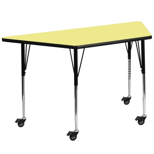 Flash Furniture Mobile 29''W x 57''L Trapezoid Yellow Thermal Laminate Activity Table - Standard Height Adjustable Legs