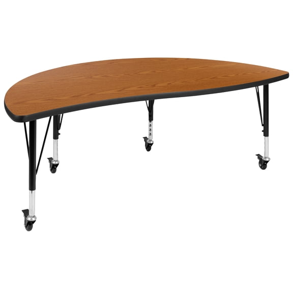 Flash Furniture Mobile 60" Half Circle Wave Flexible Collaborative Oak Thermal Laminate Activity Table - Height Adjustable Short Legs