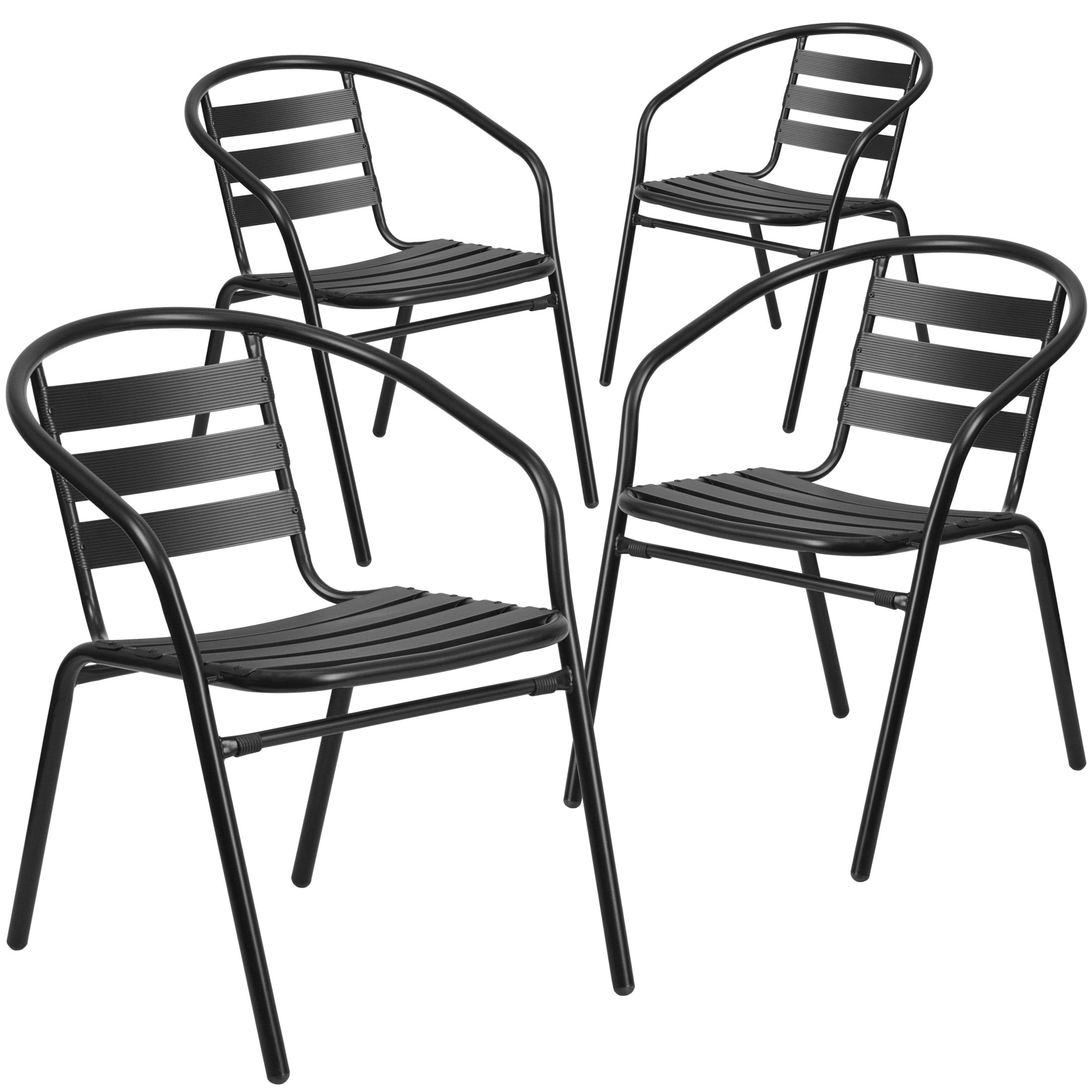 Modern Black Steel Slat-Back Stackable Patio Dining Chair, Set of 4