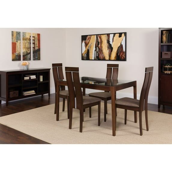 Flash Furniture Montclair 5 Piece Espresso Wood Dining Table Set with Glass Top and Clean Line Wood Dining Chairs - Padded Seats