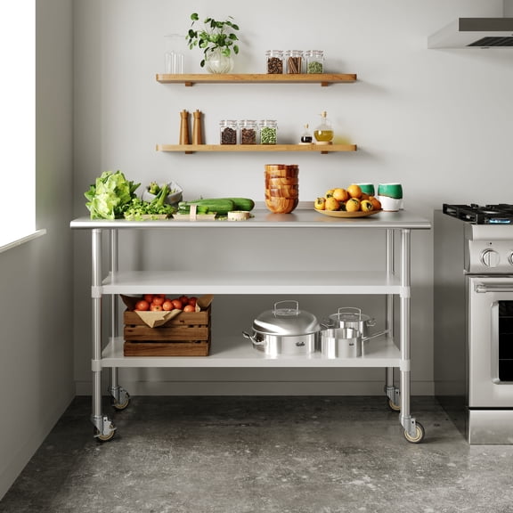 Flash Furniture NSF Certified Stainless Steel Prep and Work Table 24"x 60" with 2 Galvanized Steel Undershelves and 4 Casters, Heavy Duty Food Prep Worktable