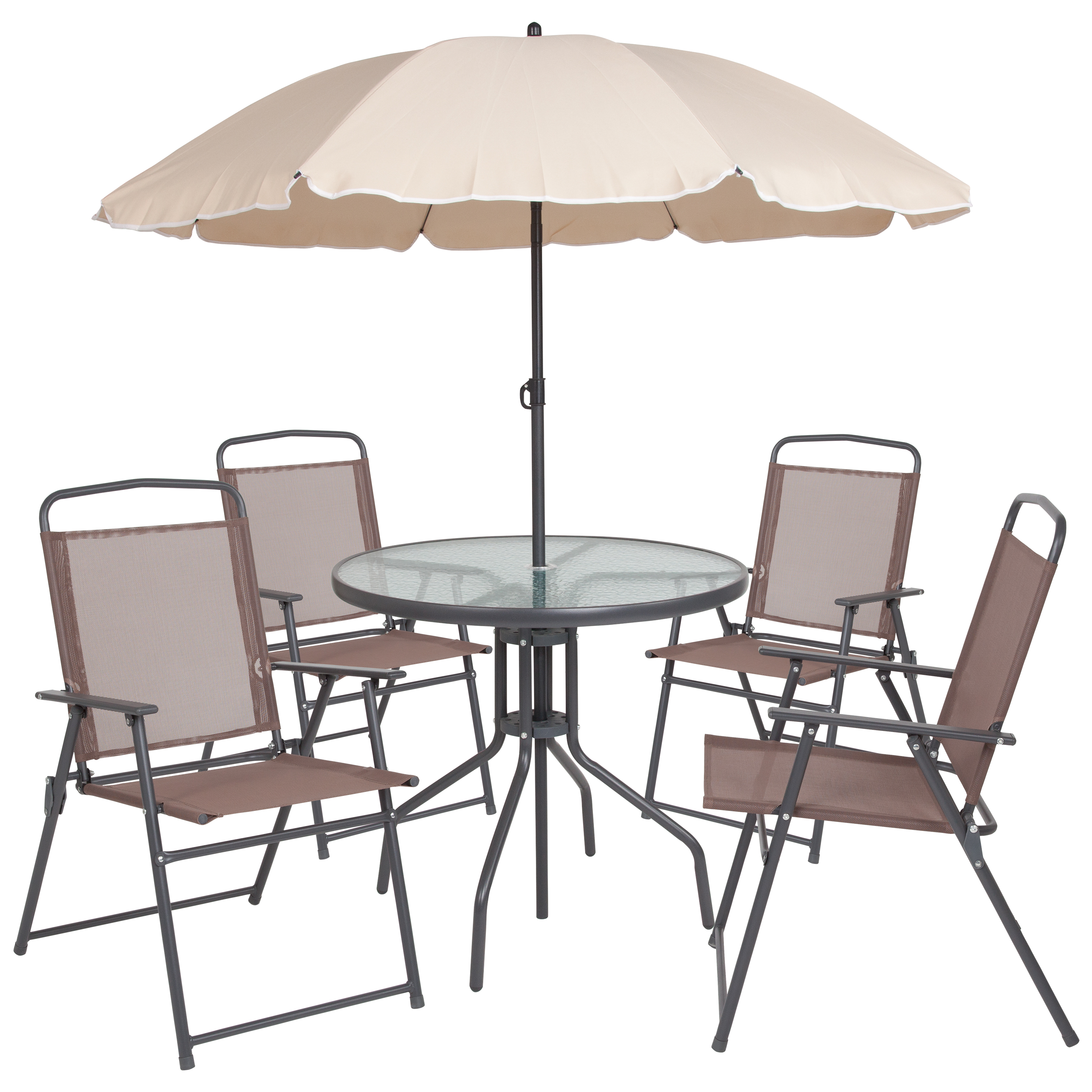 Flash Furniture Nantucket 6 Piece Brown Patio Garden Set with Umbrella Table and Set of 4 Folding Chairs - image 1 of 12