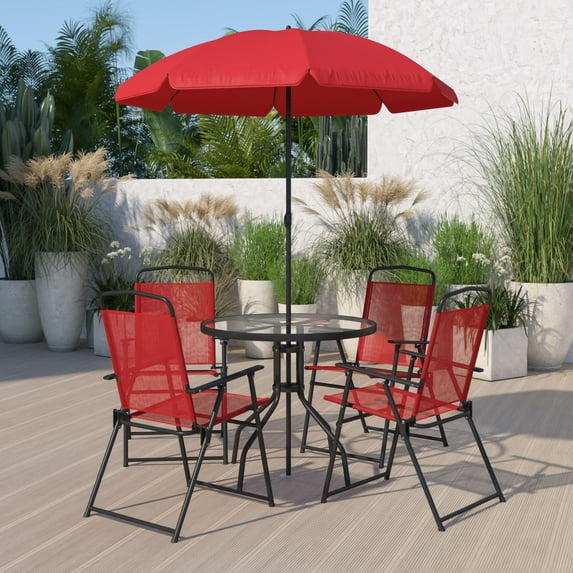 Flash Furniture Nantucket 6 Piece Red Patio Garden Set with Umbrella Table and Set of 4 Folding Chairs
