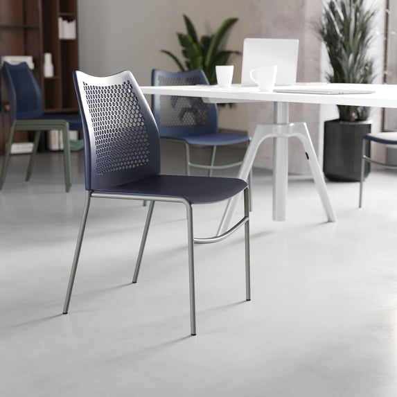 Flash Furniture Navy Stack Chair with Air-Vent Back, Non-Sled Base and Gray Powder Coated Metal Frame
