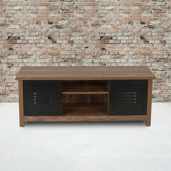 Flash Furniture New Lancaster Collection Crosscut Oak Wood Grain Finish Storage Bench with Metal Cabinet Doors
