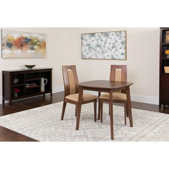 Flash Furniture Newman 5 Piece Walnut Wood Dining Table Set with Glass Top and Curved Slat Wood Dining Chairs - Padded Seats