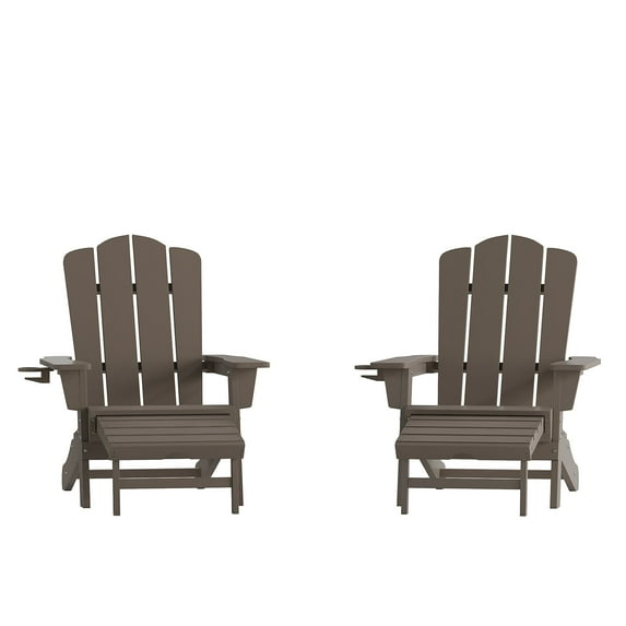 Flash Furniture HDPE Adirondack Chair with Cup Holder and Pull Out Ottoman, All-Weather HDPE Indoor/Outdoor Lounge Chair in Brown, Set of 2
