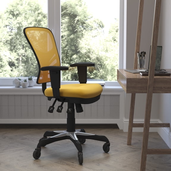 Flash Furniture Mid-Back Yellow-Orange Mesh Multifunction Executive Swivel Ergonomic Office Chair with Adjustable Arms and Transparent Roller Wheels