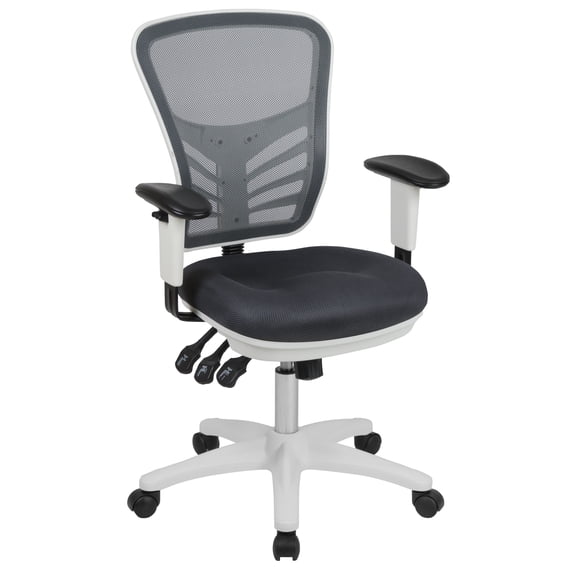 Flash Furniture Nicholas Mid-Back Dark Gray Mesh Multifunction Executive Swivel Ergonomic Office Chair with Adjustable Arms and White Frame