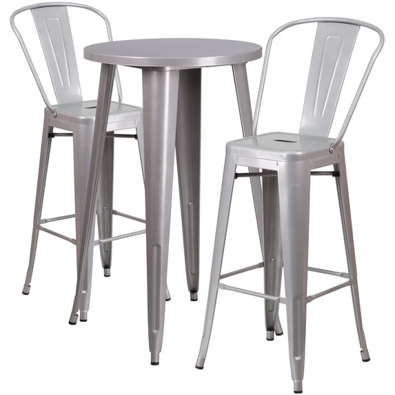 Flash Furniture Nichols Commercial Grade 24" Round Silver Metal Indoor-Outdoor Bar Table Set with 2 Cafe Stools