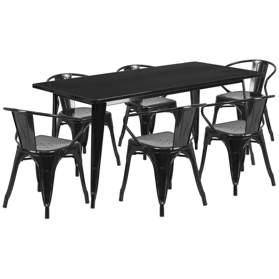 Flash Furniture Oakley Commercial Grade 31.5" x 63" Rectangular Black Metal Indoor-Outdoor Table Set with 6 Arm Chairs