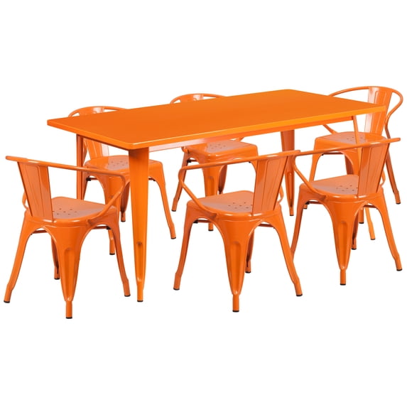 Flash Furniture Oakley Commercial Grade 31.5" x 63" Rectangular Orange Metal Indoor-Outdoor Table Set with 6 Arm Chairs