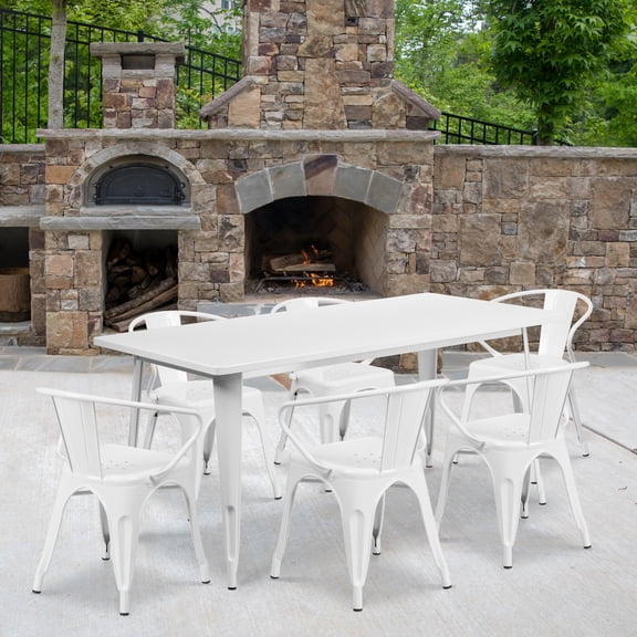Flash Furniture Oakley Commercial Grade 31.5" x 63" Rectangular White Metal Indoor-Outdoor Table Set with 6 Arm Chairs