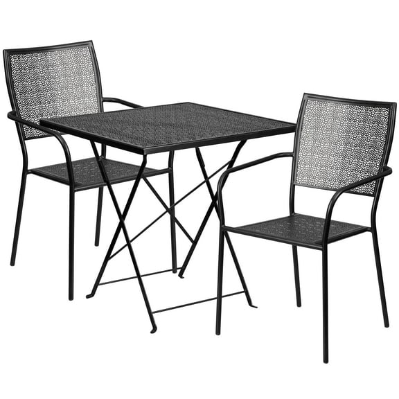 Flash Furniture Oia Commercial Grade 28" Square Black Indoor-Outdoor Steel Folding Patio Table Set with 2 Square Back Chairs