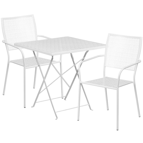 Flash Furniture Oia Commercial Grade 28" Square White Indoor-Outdoor Steel Folding Patio Table Set with 2 Square Back Chairs