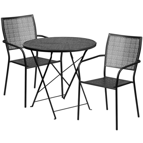 Flash Furniture Oia Commercial Grade 30" Round Black Indoor-Outdoor Steel Folding Patio Table Set with 2 Square Back Chairs
