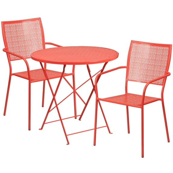 Flash Furniture Oia Commercial Grade 30" Round Coral Indoor-Outdoor Steel Folding Patio Table Set with 2 Square Back Chairs