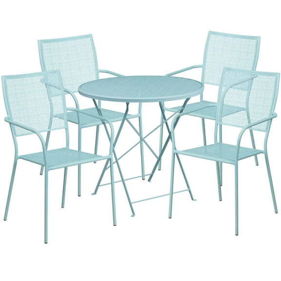 Flash Furniture Oia Commercial Grade 30" Round Sky Blue Indoor-Outdoor Steel Folding Patio Table Set with 4 Square Back Chairs