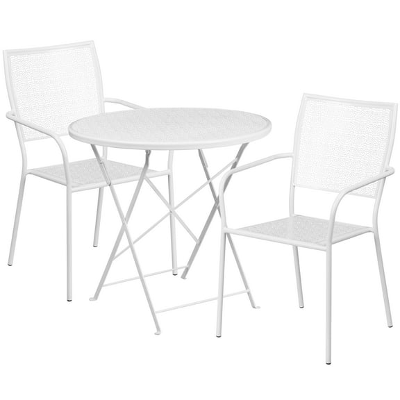 Flash Furniture Oia Commercial Grade 30" Round White Indoor-Outdoor Steel Folding Patio Table Set with 2 Square Back Chairs