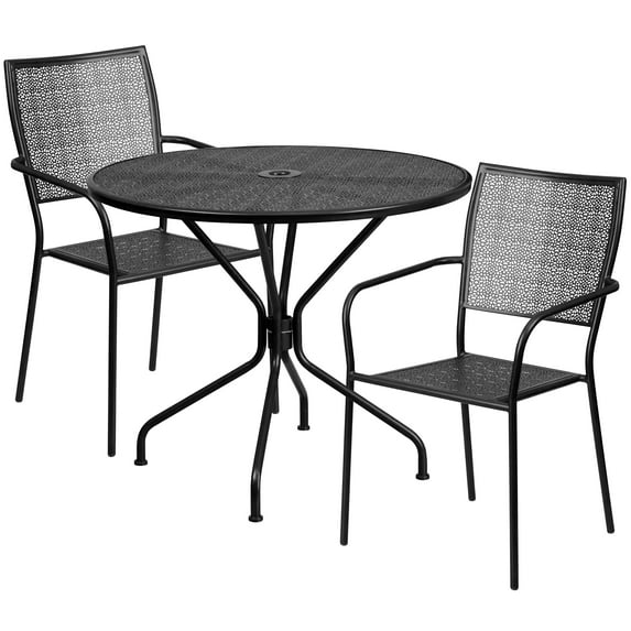 Flash Furniture Oia Commercial Grade 35.25" Round Black Indoor-Outdoor Steel Patio Table Set with 2 Square Back Chairs
