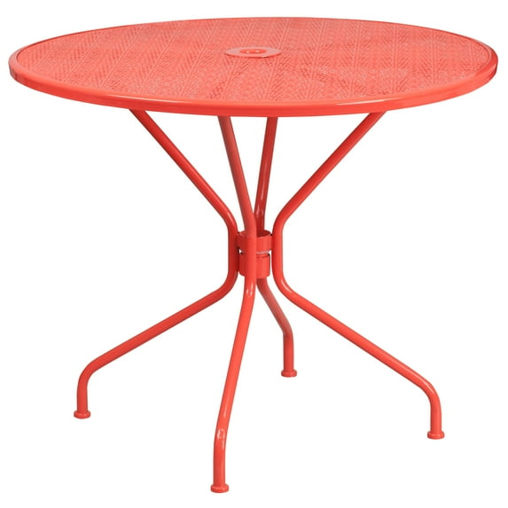 Flash Furniture Oia Commercial Grade 35.25" Round Coral Indoor-Outdoor Steel Patio Table with Umbrella Hole