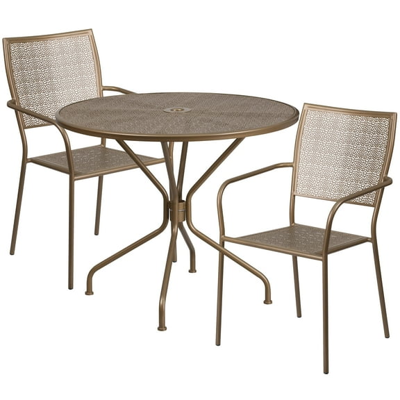 Flash Furniture Oia Commercial Grade 35.25" Round Gold Indoor-Outdoor Steel Patio Table Set with 2 Square Back Chairs