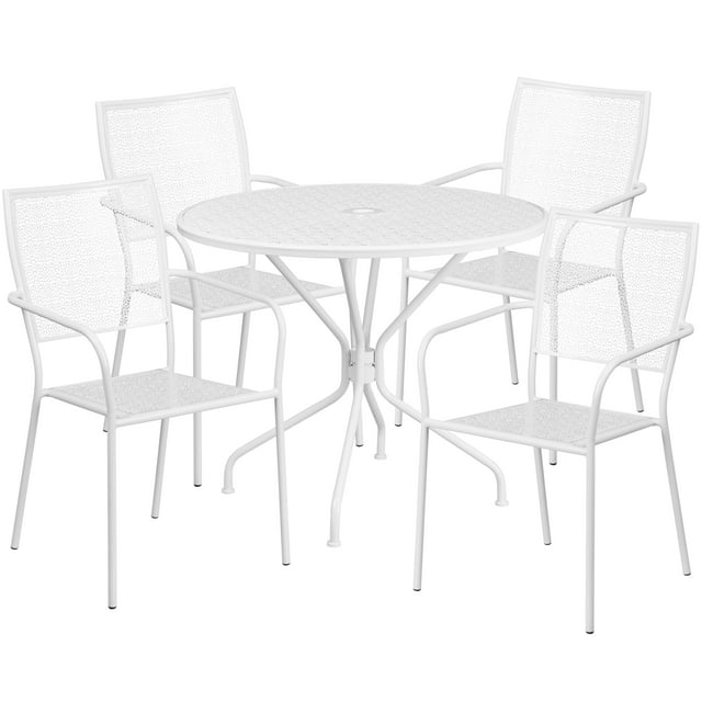 Flash Furniture Oia Commercial Grade 35.25" Round White Indoor-Outdoor Steel Patio Table Set with 4 Square Back Chairs