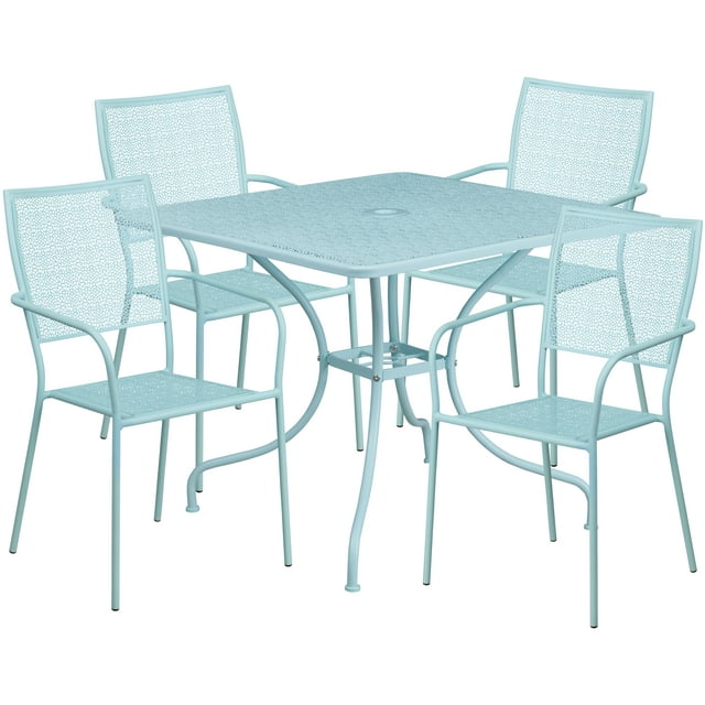 Flash Furniture Oia Commercial Grade 35.5" Square Sky Blue Indoor-Outdoor Steel Patio Table Set with 4 Square Back Chairs