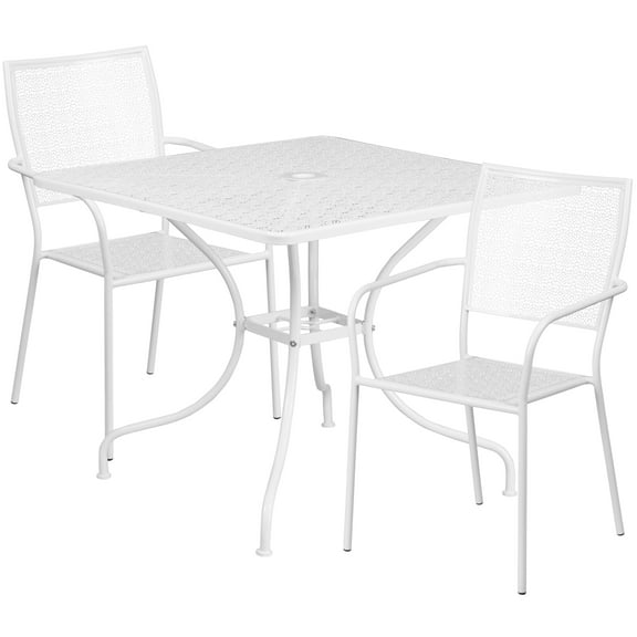 Flash Furniture Oia Commercial Grade 35.5" Square White Indoor-Outdoor Steel Patio Table Set with 2 Square Back Chairs