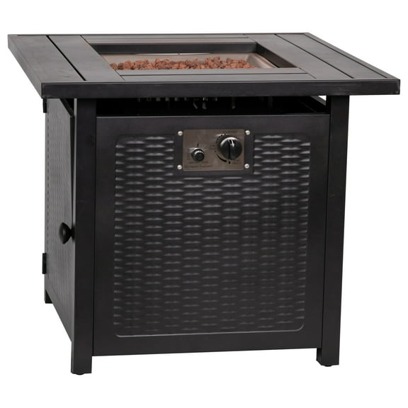 Flash Furniture Olympia 28" Square 50,000 BTU Outdoor Propane Gas Fire Pit Table with Stainless Steel Tabletop, Lid, Lava Rocks, and Steel Wicker Detail Base - Black