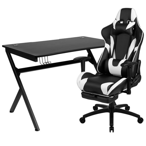 Flash Furniture Optis Black Gaming Desk and Black Footrest Reclining Gaming Chair Set with Cup Holder, Headphone Hook & 2 Wire Management Holes