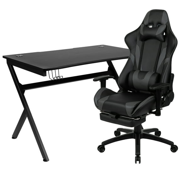 Flash Furniture Optis Black Gaming Desk and Gray Footrest Reclining Gaming Chair Set with Cup Holder, Headphone Hook & 2 Wire Management Holes
